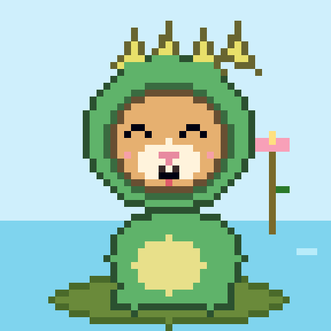 Pet in a green frog hood on a lily pad