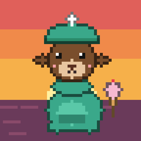 Brown pet in a teal cap at sunset