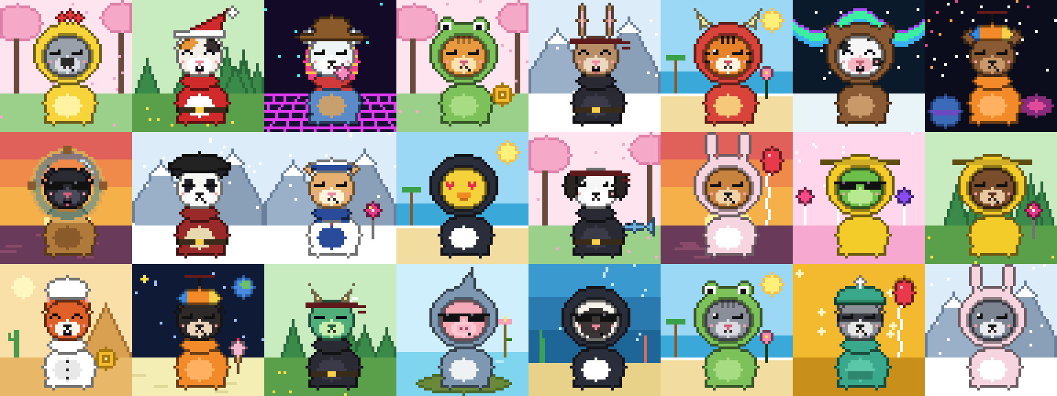 A grid of 24 PAWVERSE pixel pets in hoodies and hats
